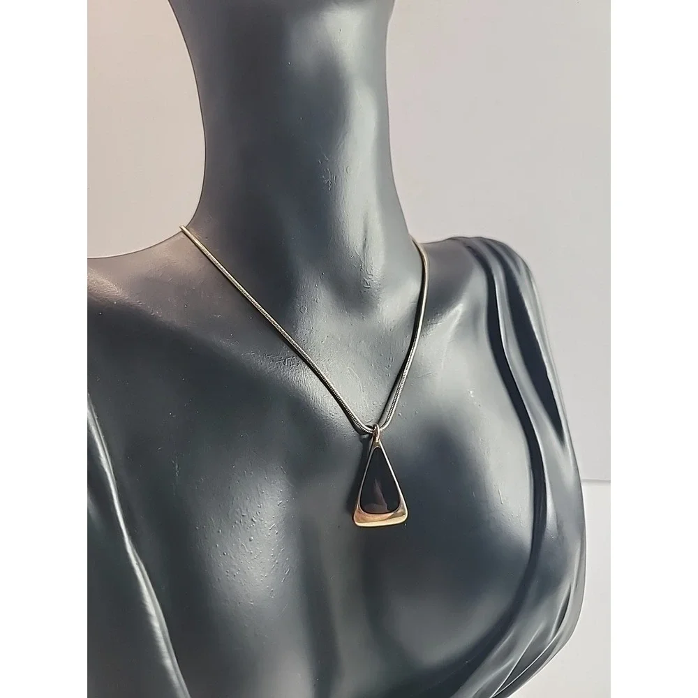 Vintage Gold Tone Black Enamel Geometric Pendant Necklace Snake Chain Minimalist